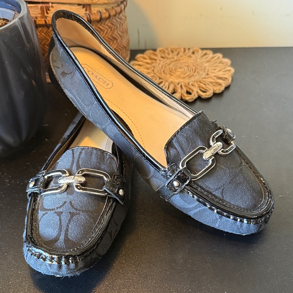 Coach Black Signature Canvas Chain-Trim Loafers
